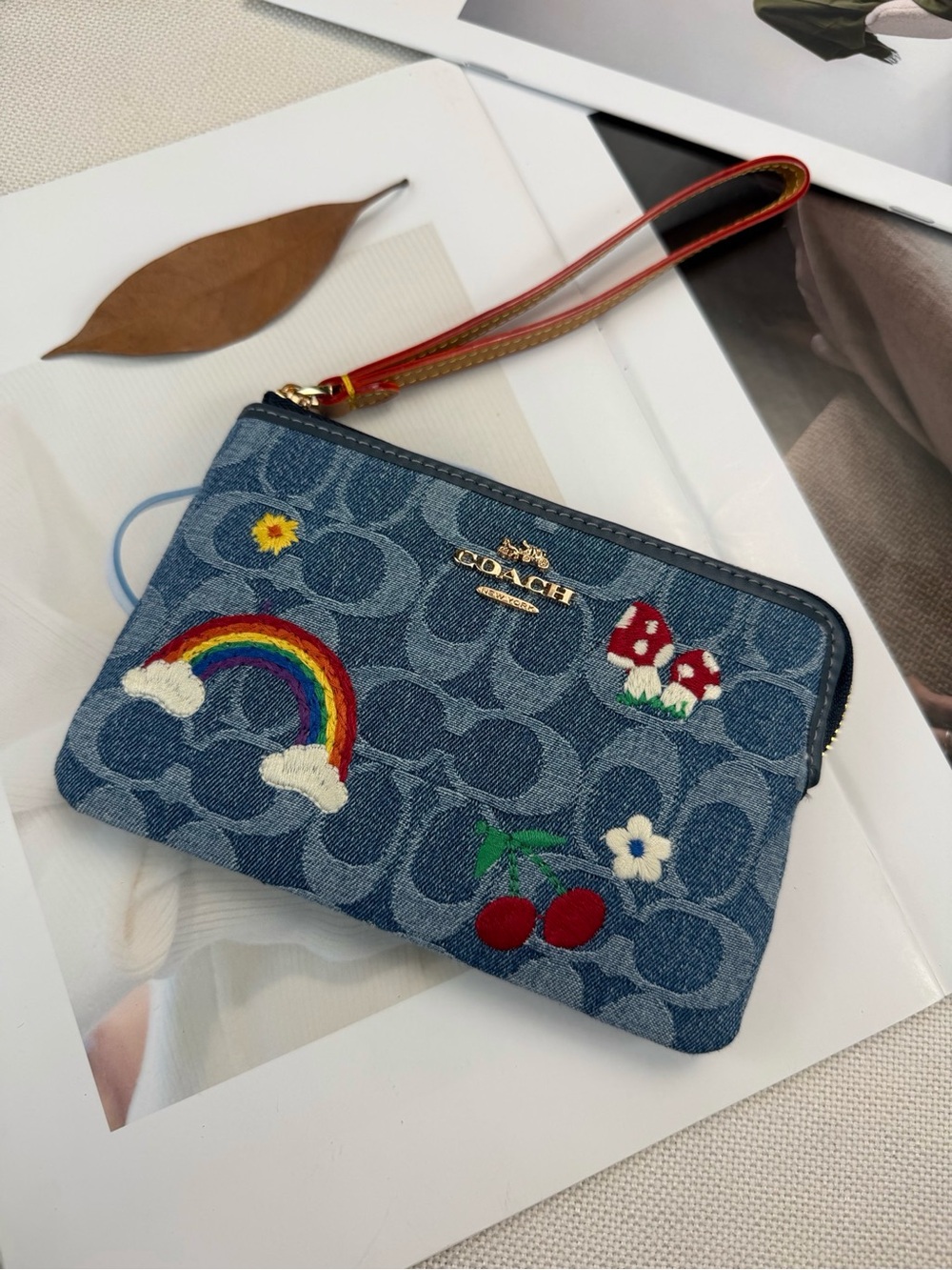 Coach Denim Clutch Wristlet with Rainbow, Cherries & Mushroom Embroidery - Blue